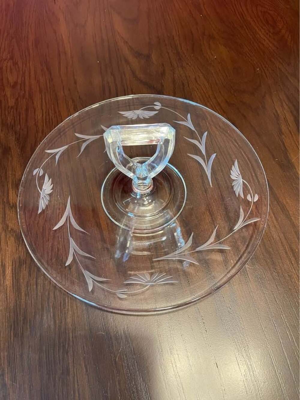 Vintage etched glass center-handle tidbit tray